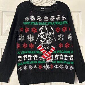 Mens STAR WARS Sz L Black w/ Darth Vader & Snow Flakes Christmas Holiday Sweater
